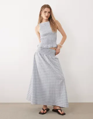 ASOS DESIGN shirred waist maxi skirt in blue plaid - part of a set