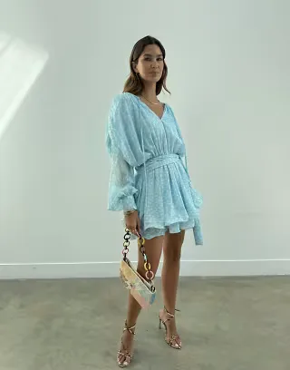 Never Fully Dressed Ella tiered ruffle tie waist balloon sleeve mini dress in blue fawn print