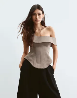 ARRANGE asymmetric strap structured corset top in taupe
