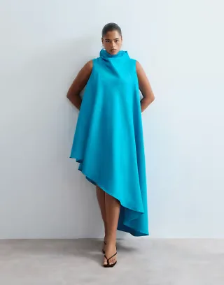 ARRANGE Curve cowl neck asymmetric dress in turquoise