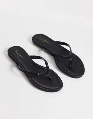 Simmi London Selene embellished flip flops in black satin