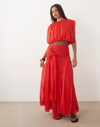 ASOS DESIGN chiffon drape detail maxi skirt in red - part of a set