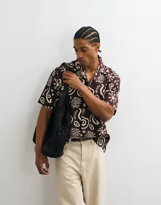 ONLY & SONS relaxed fit seersucker shirt with camp collar in dark brown and cream print