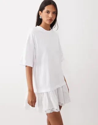 ASOS DESIGN t-shirt mini dress with white lace trim in white
