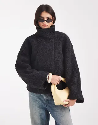 Object premium funnel neck wool blend short borg coat in dark gray
