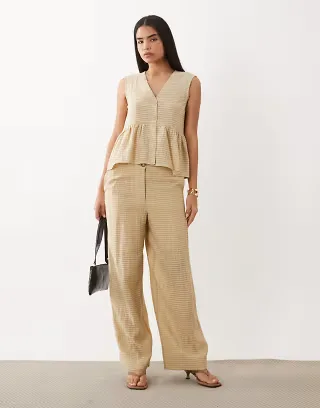 YAS textured check wide leg pants and peplum hem top set in beige