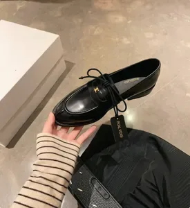 Womens Black Leather Penny Loafers with Gold Metal Buckle - Slip-On Casual Office Shoes for Daily Wear