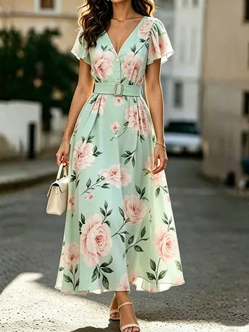 SHEIN Elegant Women's Sage Green Floral Maxi Dress,Summer V-Neck Lotus Leaf Sleeve Waist-Tie Flared Holiday Vacation Dre