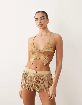 Oh Polly hatler neck tie back embellished butterfly top in gold