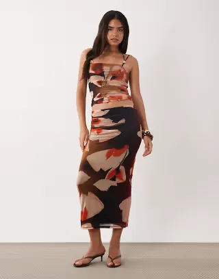 ASOS DESIGN mesh midi skirt with ruching in red bloom floral - part of a set