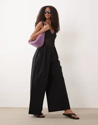 ASOS DESIGN jumpsuit with crochet waist panel with in black