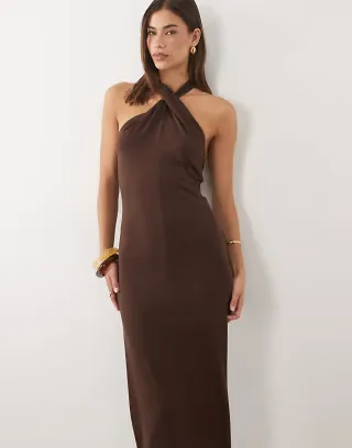 ASOS DESIGN halter open back midi dress with twisted neck detail in chocolate
