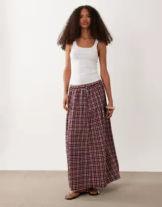 Wednesday's Girl midaxi skirt in burgundy gingham