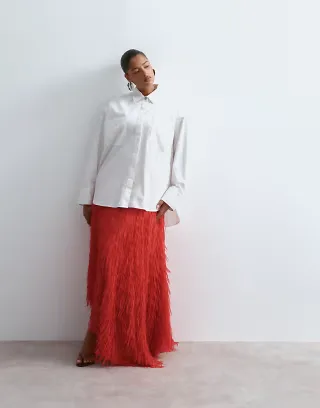 ARRANGE Curve fringe texture asymmetric maxi skirt in red