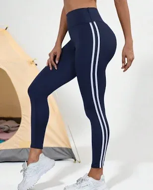Navy Blue Side Stripe Tummy Control Sports Leggings Women's Hiking Trekking Activewear,M