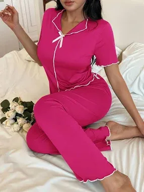 Shein Women's V-Neck Short Front Long Back Bow Tie Ruffle Trim Loungewear