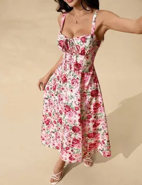 SHEIN Women's Elegant Floral Full Print Maxi Dress with Slit Strap