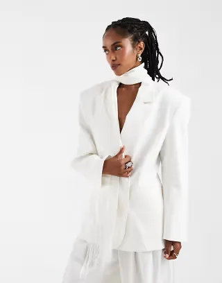 ASOS DESIGN fringed scarf oversized blazer in ivory