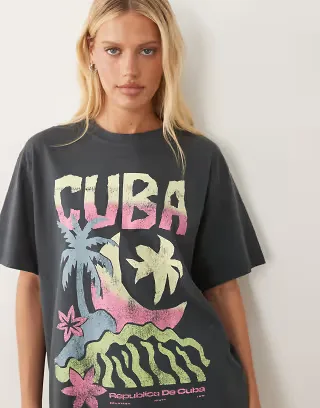 ASOS DESIGN oversized T-shirt with sketchy Cuba graphic in charcoal
