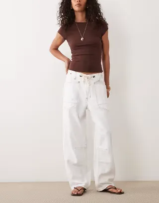 Lioness Rush Hour straight leg tie detail jeans in white