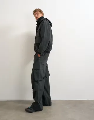 Topman baggy fit waterproof utility trouser in black