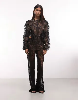 The Dolls House Circa Kiah premium lace cut out open back flared jumpsuit in black