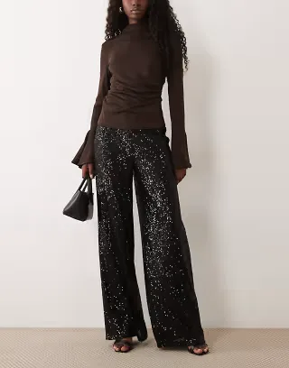 ASOS DESIGN allover sequin wide leg pants in black