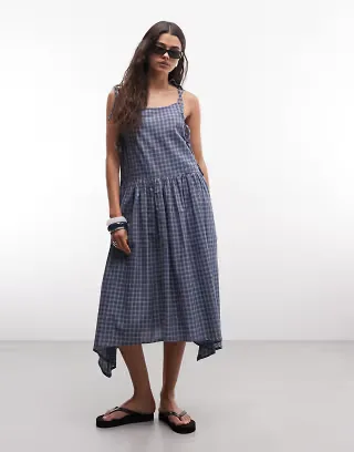 COLLUSION tie side asymmetric maxi dress in blue plaid