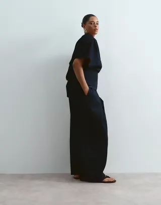 ARRANGE Curve denim off the shoulder pleated waist top and pants set in indigo