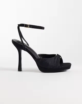 Simmi London Vandy platform heeled sandal with gold embellishment in black satin
