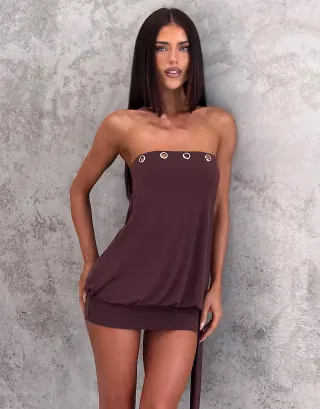 Tiger Mist Ravenna bandeau jersey eyelet detail cinched skirt drape detail mini dress in chocolate