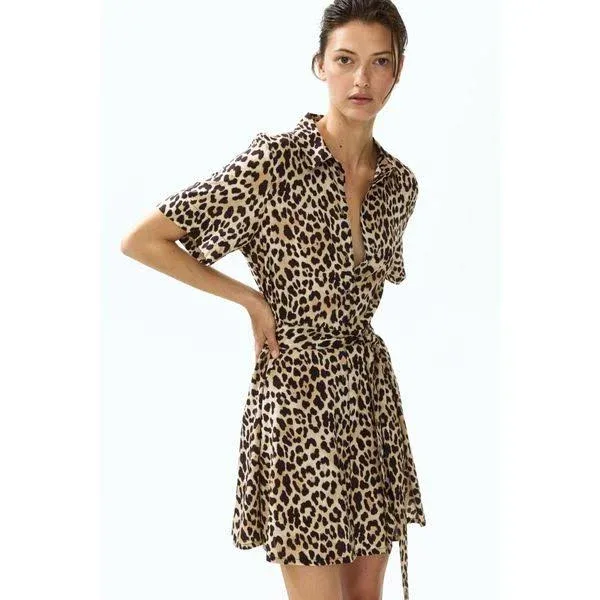 H&M Ladies Leopard Print Tie- Belt Shirt Dress