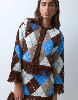 ASOS DESIGN jacquard fringe hem and sleeve cardigan in blue and brown