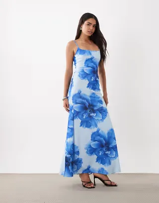 ASOS DESIGN square neck maxi dress with open lace-up back in blue floral