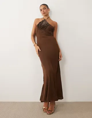 Beauut satin embellished floral halter neck detail bias maxi dress in chocolate