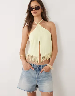 Motel Junaya halter fringe top in butter yellow