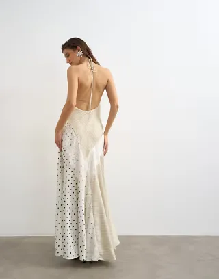 Topshop halter neck lace insert maxi dress in contrast stripes and polka-dot print
