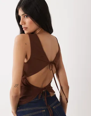 Miss Selfridge tank top with beaded back tie detail in chocolate