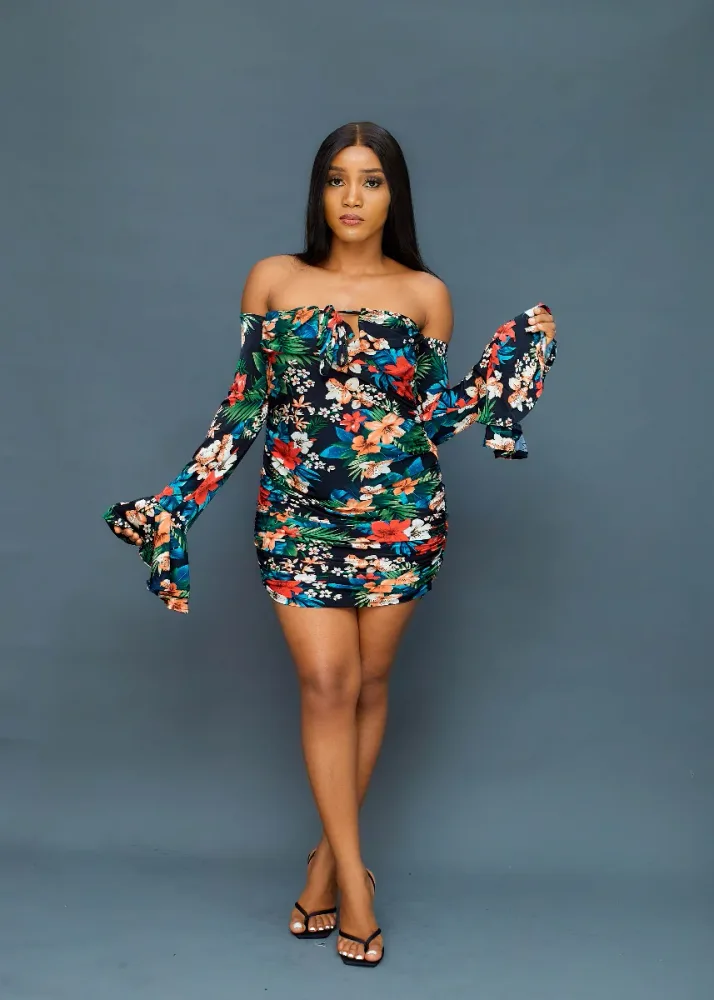 FLORAL OFF SHOULDER SIDE RUCHED DRESS
