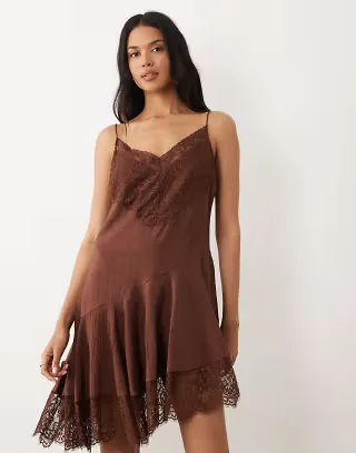 ASOS DESIGN slip lace trim mini dress with asymmetric hem in chocolate