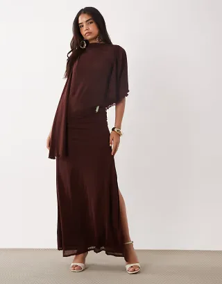 ASOS DESIGN stretch chiffon draped asymmetric cape top and maxi skirt set in chocolate