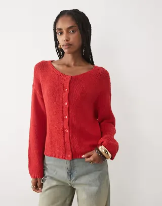 Abercrombie & Fitch button-up lightweight knit micro cardigan in red