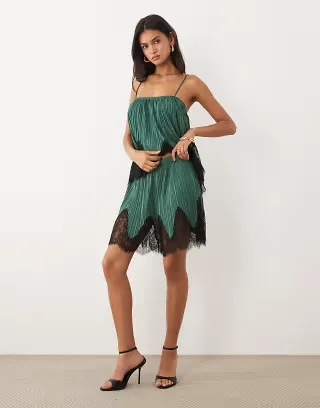 ASOS DESIGN mix & match plisse shorts in teal with black lace trim