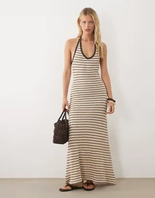 ASOS DESIGN crochet jersey v neck halter neck maxi dress in brown striped print