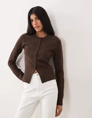 Threadare crew neck cardigan with cinched waist in brown