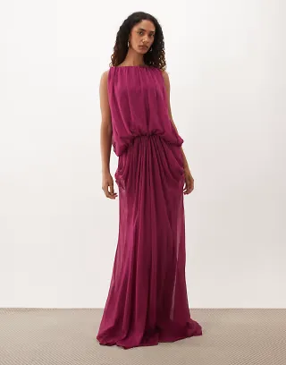 ASOS DESIGN Tall blouson drape maxi dress with low back in raspberry