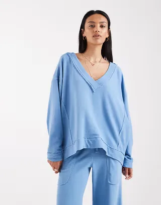 Free People staycation v-neck pullover sweatshirt fabric top in blissful blue - part of a set