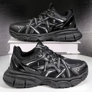 Mens Sports Shoes - Thick Sole Chunky Sneakers - Versatile Casual Style in Triple Black, Silver, Champagne