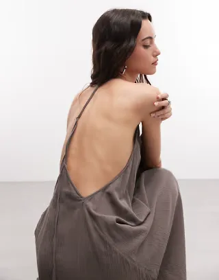 Weekday crinkle halter racer back maxi dress in dark mole