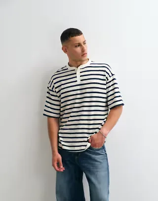 ASOS DESIGN heavyweight oversized t-shirt with henley neck in navy stripe toweling fabric